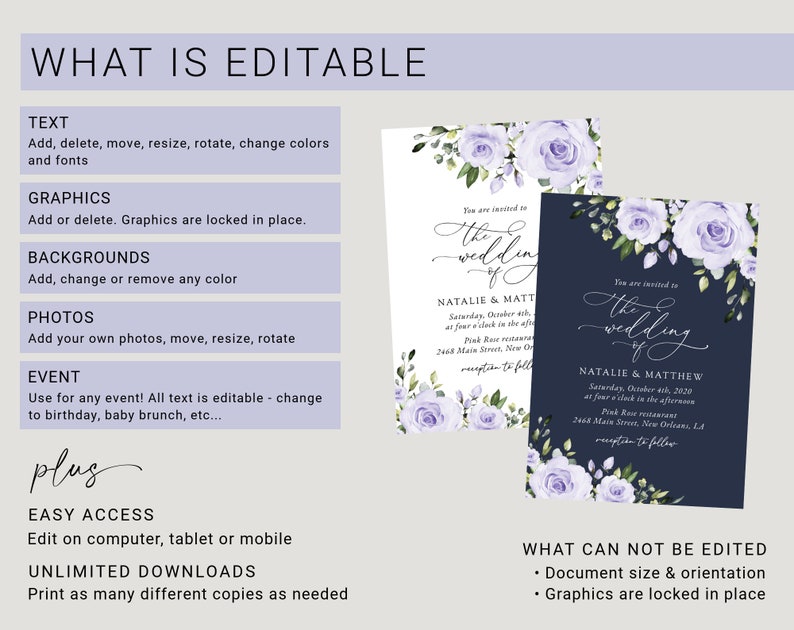 Floral Wedding Invitation Suite, Purple Flowers, Lilac Flowers, Lavender Flowers, Watercolor Flowers, Instant Download, Edit Yourself, SH29 image 6