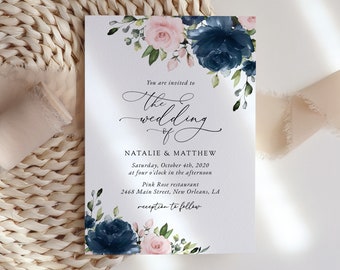 Floral Wedding Invitation, Navy Flowers, Blush Pink Flowers, Watercolor Flowers, Greenery, Instant Download, Edit Yourself, SH04