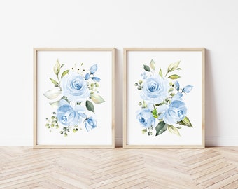 Blue Flowers Nursery Prints, Floral Wall Art, Set of 2, Nursery Art Prints, Printable Wall Art, Boy Nursery Decor, Instant Download, SH10