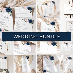 Navy Blue Flowers, Blush Pink Flowers, Floral Wedding Bundle, Wedding Invitation Bundle, Wedding Invitation Suite, Editable Template, SH04