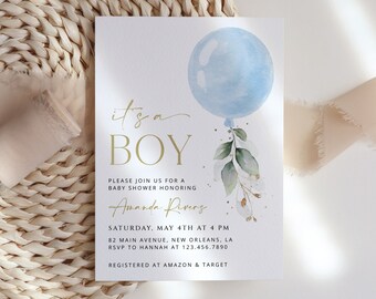 Blauwe ballon baby shower uitnodiging, jongen baby shower, eucalyptus groen, blauwe baby shower, bewerkbare baby shower sjabloon, SH15