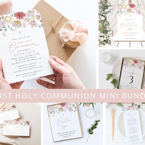 May include: A First Holy Communion mini bundle featuring invitation cards, table cards, and a welcome sign. The cards have floral designs in pink, white, and purple. The welcome sign is on a wooden easel. The text "First Holy Communion Mini Bundle" is at the bottom.