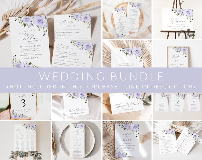 Floral Wedding Invitation Suite, Purple Flowers, Lilac Flowers, Lavender Flowers, Watercolor Flowers, Instant Download, Edit Yourself, SH29 image 8