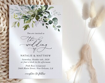 Eucalyptus Leaves Wedding Invitation, Greenery, Boho Wedding, Bohemian Wedding, Garden Wedding, Green Leaves, Editable Template, SH45