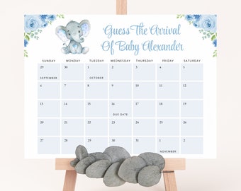 Elephant Guess the Due Date Game, Birthday Predictions, Boy Baby Shower, Blue Flowers, Watercolor Flowers, Editable Baby Shower Game, SH08