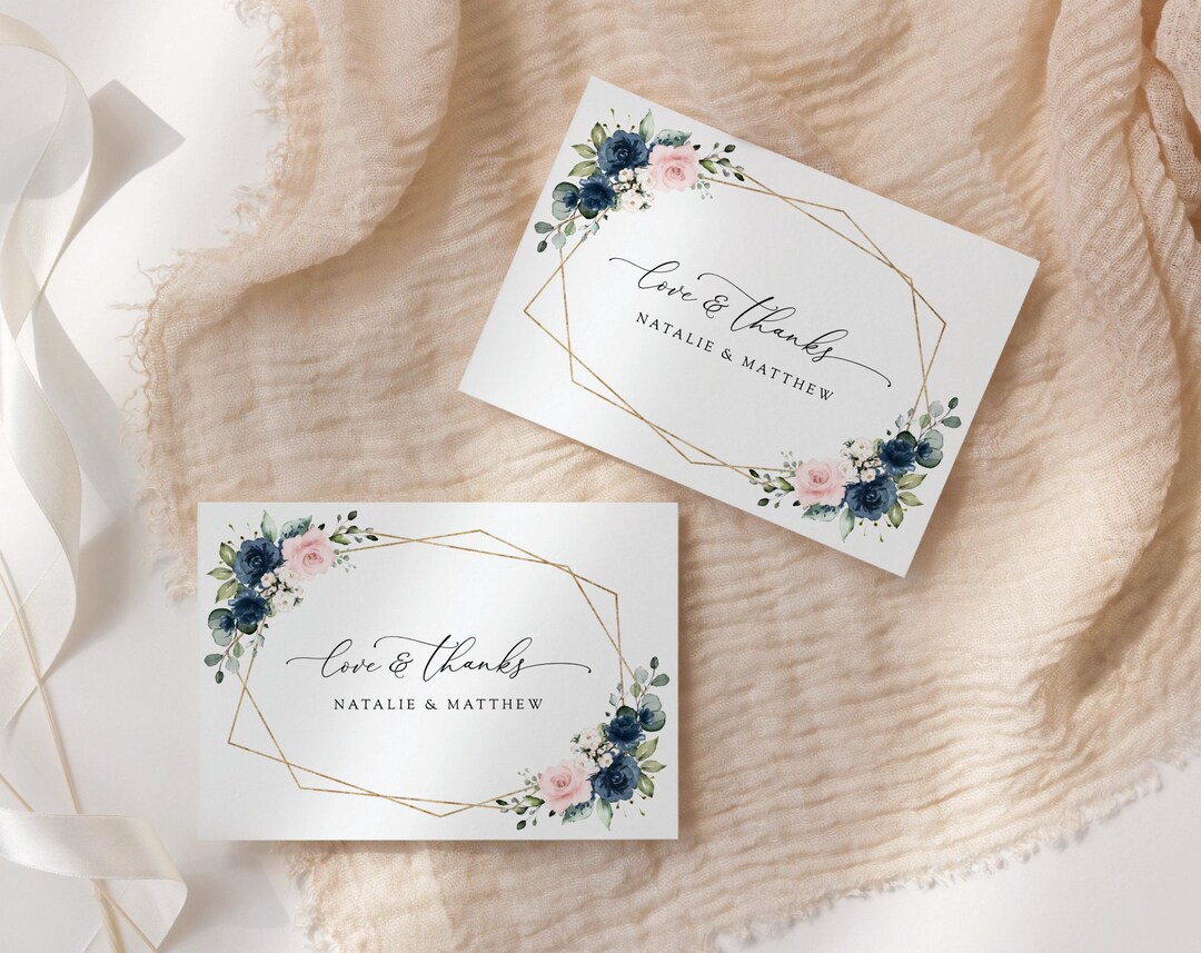 Navy Blue Flowers, Blush Flowers, Pink Flowers, Floral Thank You Card ...