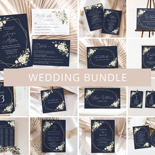 White Flowers, Cream Flowers, Floral Wedding Bundle, Wedding Invitation Bundle, Wedding Invitation Suite, Boho, Editable Template, SH41