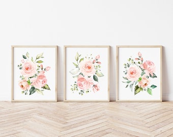 Pink Flowers Nursery Prints, Floral Wall Art, Set of 3, Nursery Art Prints, Printable Wall Art, Girl Nursery Decor, Instant Download, SH10