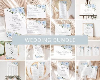 Dusty Blue Flowers, Floral Wedding Bundle, Wedding Invitation Bundle, Wedding Invitation Suite, Boho, Blue Wedding, Editable Template, SH24