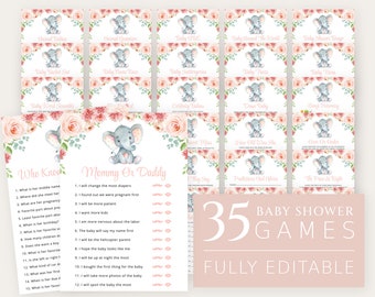 Elephant Baby Shower Games Bundle, Set of 35 Games, Girl Baby Shower, Pink Flowers, Watercolor Flowers, Editable Baby Shower Games, SH07