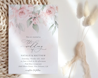 Floral Wedding Invitation, Blush Flowers, Pink Flowers, Watercolor Flowers, Blush Wedding, Instant Download, Edit Yourself, SH47