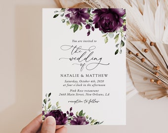 Floral Wedding Invitation, Purple Flowers, Plum Flowers, Greenery, Purple Wedding, Plum Wedding, Instant Download, Edit Yourself, SH31