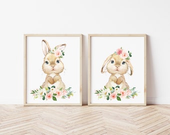 Bunny Nursery Prints, Nursery Wall Art, Set of 2, Rabbit, Pink Flowers, Watercolor Flowers, Girl Nursery Decor, Instant Download, SH05