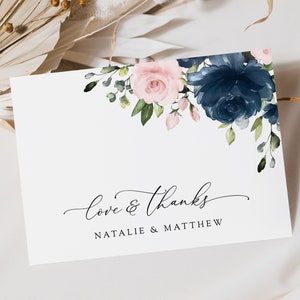 Navy Blue Flowers, Blush Flowers, Pink Flowers, Floral Thank You Card, Wedding Thank You Card, Greenery, Boho, Editable Template, SH04 image 1