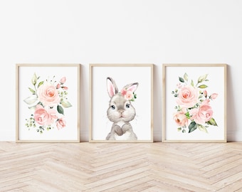 Bunny Nursery Prints, Nursery Wall Art, Set of 3, Bunny Floral Crown, Pink Watercolor Flowers, Girl Nursery Decor, Instant Download, SH05