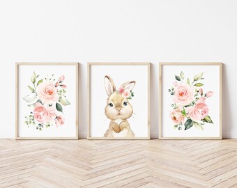 Bunny Nursery Prints, Nursery Wall Art, Set of 3, Bunny Floral Crown, Pink Watercolor Flowers, Girl Nursery Decor, Instant Download, SH05