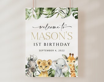Jungle Animals First Birthday Welcome Sign, Wild One, Safari Animals, Palm Leaves, Greenery, Boy Birthday, Editable Birthday Template, SH22