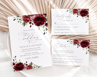 Floral Wedding Invitation Suite, Burgundy Flowers, Red Flowers, Watercolor Flowers, Greenery, Instant Download, Edit Yourself, SH02