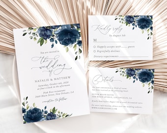 Floral Wedding Invitation Suite, Navy Flowers, Blue Flowers, Watercolor Flowers, Greenery, Instant Download, Edit Yourself, SH16