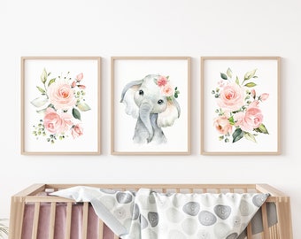 Elephant Nursery Prints, Nursery Wall Art, Set of 3, Jungle Animals, Pink Watercolor Flowers, Girl Nursery Decor, Instant Download, SH11