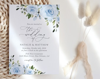 Floral Wedding Invitation, Dusty Blue Flowers, Watercolor Flowers, Greenery, Dusty Blue Wedding, Instant Download, Edit Yourself, SH24