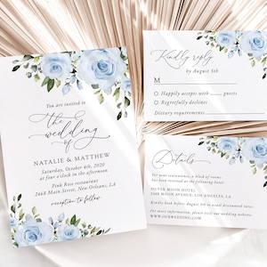 Invitación de boda floral, flores azul polvoriento, flores de acuarela, vegetación, boda azul polvoriento, descarga instantánea, edición propia, SH24