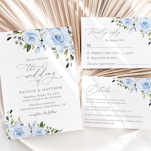 Floral Wedding Invitation Suite, Dusty Blue Flowers, Watercolor Flowers, Greenery, Dusty Blue Wedding, Instant Download, Edit Yourself, SH24