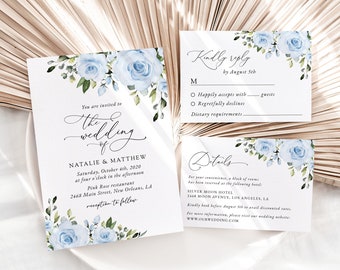 Floral Wedding Invitation Suite, Dusty Blue Flowers, Watercolor Flowers, Greenery, Dusty Blue Wedding, Instant Download, Edit Yourself, SH24