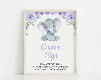 Elephant Baby Shower Custom Sign, Baby Shower Sign, Girl Baby Shower, Purple Flowers, Lilac Flowers, Editable Baby Shower Template, SH18