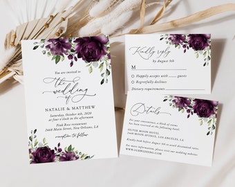 Floral Wedding Invitation Suite, Purple Flowers, Plum Flowers, Watercolor Flowers, Purple Wedding, Instant Download, Edit Yourself, SH31