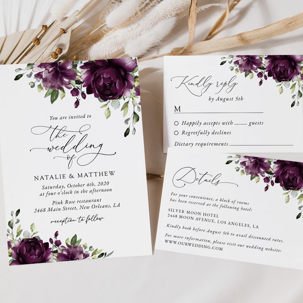 Suite de faire-part de mariage floral, fleurs violettes, fleurs de prunier, aquarelles de fleurs, mariage violet, téléchargement immédiat, modifier vous-même, SH31