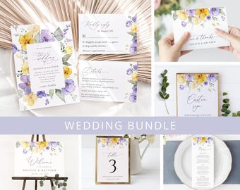 Floral Wedding Bundle, Purple Flowers, Yellow Flowers, Watercolor Flowers, Greenery, Boho Wedding, Bohemian, Garden, Edit Yourself, SH130