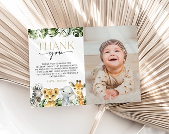 Jungle Animals Thank You Card, Wild One, Safari Animals, Palm Leaves, First Birthday, Boy Birthday, Editable Birthday Template, SH22