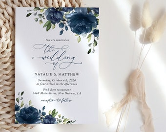 Floral Wedding Invitation, Navy Blue Flowers, Watercolor Flowers, Greenery, Navy Blue Wedding, Instant Download, Edit Yourself, SH16