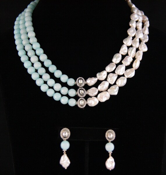 Baroque Pearl and  Blue Bead Choker