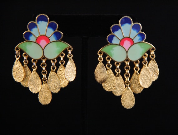 Mor Enamel Earrings/Statement Pair/Peacock Earrings/Gold Dangling Earrings/Neon Colors