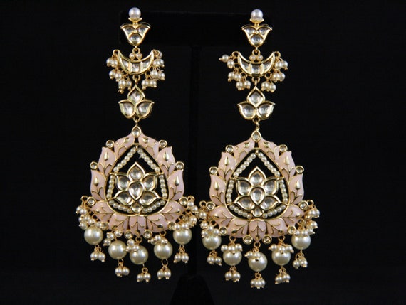 Peach Enamel and Pearl Long Earrings