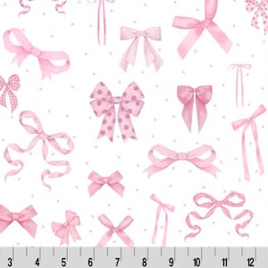 May include: Watercolor pattern of pink bows in various styles, including polka dot designs, on a white background with small gray dots. The bows are arranged in a repeating pattern. A ruler is at the bottom of the image.