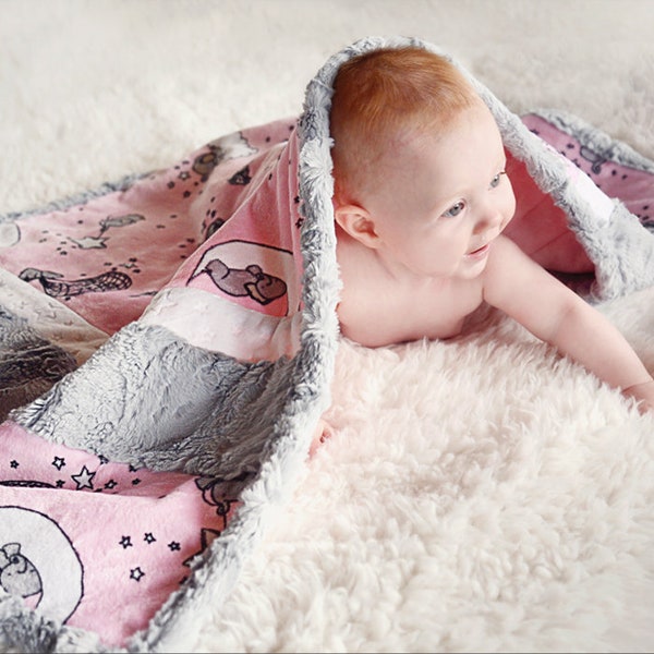 Shannon Cuddle KIT - 28"x41" Lullaby Kit Lucky Star - Pink Gray Elephant Minky Blanket Kit Lucky Star Kit from Shannon Fabrics -
