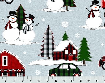 May include: A blue and white fabric with a winter theme featuring snowmen, houses, trees, and cars. The fabric has a plaid pattern in black, red, and white. The text "Christmas Tree Farm" is visible in the upper right corner.