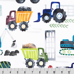 May include: A white fabric with a repeating pattern of blue, green, yellow, and orange construction vehicles. The vehicles include a tractor, a dump truck, an excavator, and a bulldozer.
