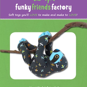 May include: A plush sloth toy hanging from a branch. The sloth is 18 inches long and has a blue and black patterned fabric with colorful accents. The toy is part of the "funky friends factory" line of soft toys.