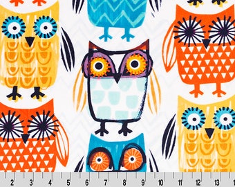 Know It All Digital Minky Fabric Owl Shannon Cuddle Minky Know It All Owl Minky - Owl Minky Print Minky Fabric Orange Minky Blue