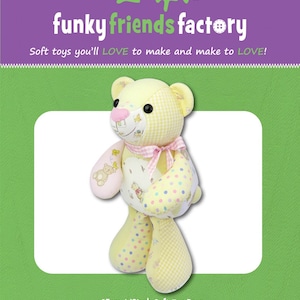 May include: A yellow and pink patchwork teddy bear with a pink bow. The bear is 18 inches tall and is called a "Keep Me Keepsake Bear".