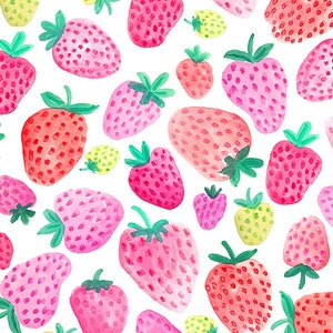 Strawberry Fabric Watercolor Wild Strawberries, Fruit, Berry. Quilting  Cotton, Sateen, Organic Knit, Jersey or Minky Fabric by the Yard 