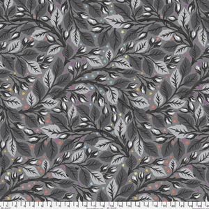 May include: A fabric print featuring a dense pattern of dark gray and light gray rose branches with buds and leaves. Small, colorful stars and hearts in shades of yellow, orange, blue, and purple are scattered throughout. A ruler is visible at the bottom.