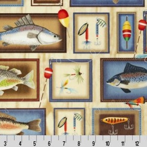 May include: A colorful fabric with a repeating pattern of framed images of fish, fishing lures, and bobbers. The fabric is beige with blue, brown, and red accents.
