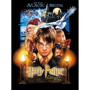 May include: A movie poster for "Harry Potter and the Sorcerer's Stone" featuring Harry Potter in the center, surrounded by other characters and a castle. The title is in gold lettering, with the tagline "Let the Magic Begin."