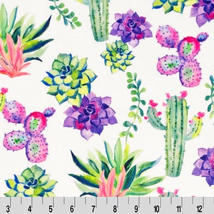 May include: Watercolor pattern featuring cacti and succulents in shades of green, purple, pink, and yellow on a white background. The design includes various cactus shapes and succulent rosettes, creating a botanical theme.