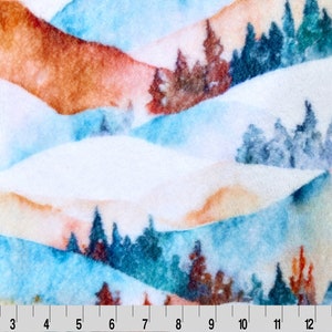 May include: Watercolor painting of a mountain landscape with blue, orange, and brown hues. The mountains are layered and the trees are a dark blue-green color.